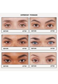 Sześć paneli pokazujących efekty przed i po zastosowaniu Dipbrow Pomade na różnych kształtach brwi. Prezentują różne tekstury i kolory brwi.