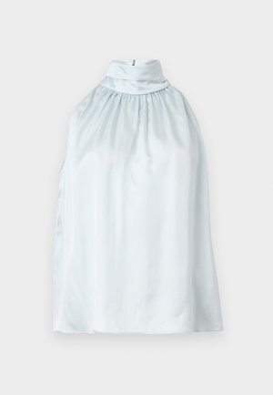 Bluza fără mâneci din satin bleu deschis, cu guler înalt adunat și fermoar ascuns pe partea din spate, afișată pe fond alb.