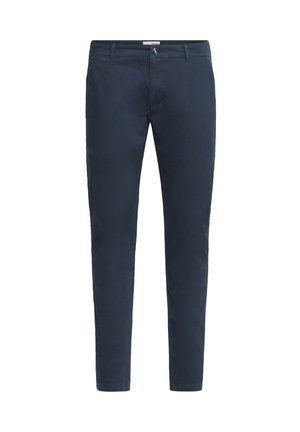 Chinos en coton extensible bleu marine avec une coupe slim, dotés d'une fermeture éclair, d'un bouton et de cinq poches. Texture lisse et couture minimale.