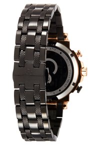 Black metal watch with a textured band and polished links. Features a round black dial and rose gold accents on the case.