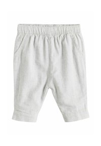 Sive lanene kratke hlače svijetle boje s elastičnim pojasom, s bočnim džepovima i zarolanom donjom ivicom za opušteni stil. Glatka tekstura, casual dizajn.