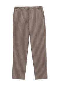 Pantalones de cuadros en tonos marrones, con una textura suave, corte recto y bolsillos laterales, además de una cintura elástica para mayor comodidad.