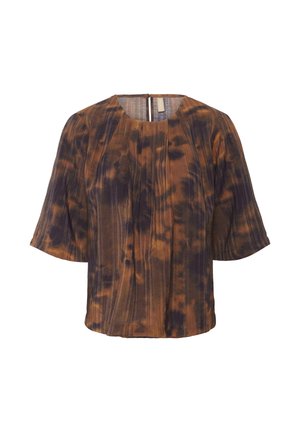 Haut tie-dye marron et noir avec des manches courtes, un col rond et des plis verticaux. Doté d'une fermeture éclair au dos et d'un tissu texturé.