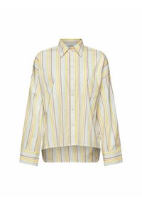 Randig skjorta med knappar som har vertikala ränder i gult, vitt och beige. Tillverkad av lätt tyg, med en rundad nederkant och två bröstfickor.