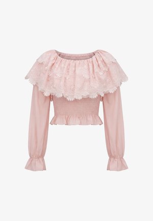 Roze blouse met lange mouwen, gerimpelde taille, gerimpelde zoom en een brede off-shoulder kraag met kant en bloemrijk borduurwerk.
