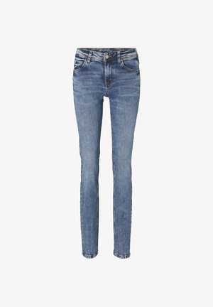 Engpassjeans aus mittelblauem Denim mit einem verwaschenen Finish. Verfügt über fünf Taschen, Schlaufen für den Gürtel und einen Knopfverschluss. Gerader Beinschnitt.