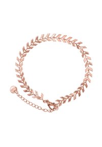 Roze gouden armband met een chevron-linkontwerp, een gestructureerd oppervlak, voorzien van een karabijnhaak en een verstelbare ketting voor maatflexibiliteit.