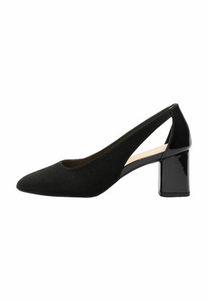 Chaussure slingback noire pour femme avec bout pointu et talon bloc, avec un devant en daim et un talon et une bride en cuir verni.