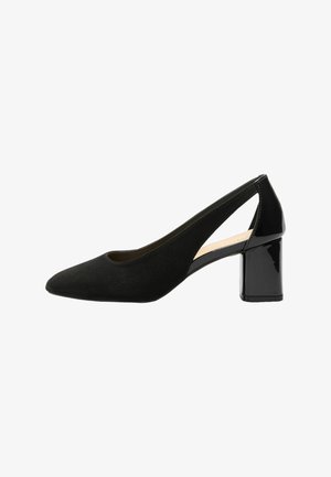 Mustade naiste slingback-kingad terava varba ja plokktallaga, eesosa seemisnahast ja konts ning rihm lakknahast.