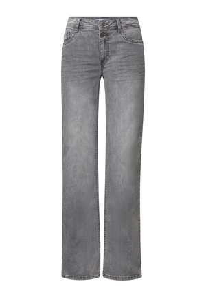 Grå denim jeans med lige ben-design, der har en knap- og lynlåslukning, to frontlommer og diskrete falmning detaljer.