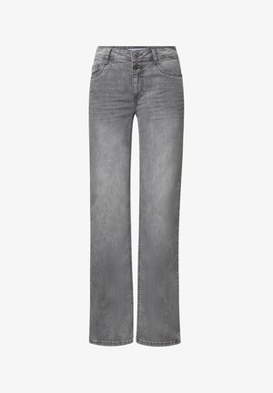 Gray denim jeans with a straight leg design, featuring a button and zip fly closure, two front pockets, and subtle fading details.
