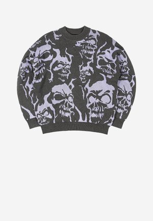 Sötét szürke kötött pulóver világoslila nagy koponyamintákkal, amelyeken bordázott kerek nyakkivágás, mandzsetta �és szegély található.