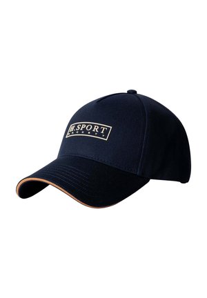 Dark navy baseball cap with curved brim, white "H.SPORT" logo patch on front, and brown trim along edge of brim.