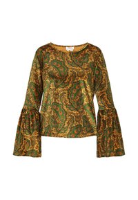 Blusa con stampa paisley verde e oro con maniche a campana; texture liscia, scollatura rotonda e motivi intricati in tutto.