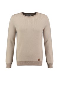 Beige gebreide sweater met een gestructureerd patroon, ronde halslijn, gebreide manchetten en zoom, en met een klein leren label aan de onderzijde links.