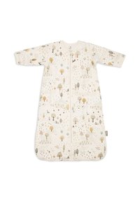 Sac de couchage pour bébé à manches longues en crème avec fermeture éclair, arborant un motif forestier multicolore de arbres, d'animaux et de plantes.