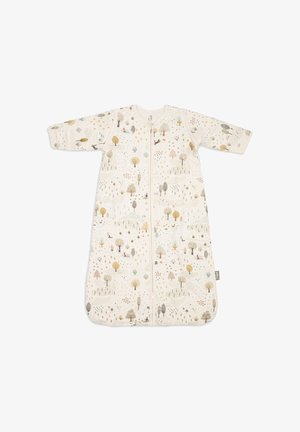 Lange mouwen crèmekleurige baby slaapzak met rits, met een meerkleurig patroon van bossen met bomen, dieren en planten.