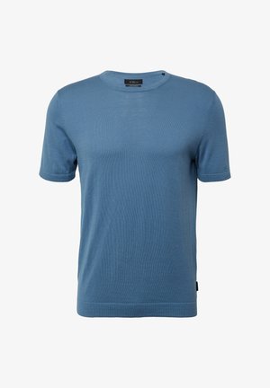 Blauwe t-shirt met korte mouwen van zacht materiaal, met een ronde hals, recht afgewerkte zoom en minimale stikdetails.