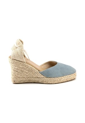 Zapato espadrille de cuña con parte superior de tela azul claro, plataforma con tacón de yute trenzado y lazo tejido beige en el tobillo sobre fondo blanco.