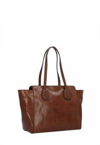 Borsa a tracolla in pelle marrone con due robuste maniglie, una superficie liscia e una forma strutturata. Presenta dettagli arrotondati sugli attacchi delle maniglie.