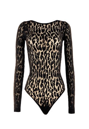 Langärmeliger Body mit einem schwarz-beigen Leopardenmuster, aus weichem Material mit glatter Textur und figurnahen Schnitt.