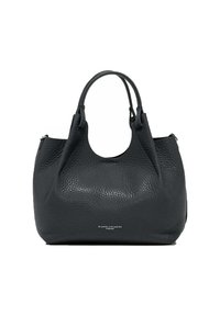 Borsa in pelle nera con finitura testurizzata, forma arrotondata, doppi manici e senza hardware visibile. Logo del marchio situato sul davanti.