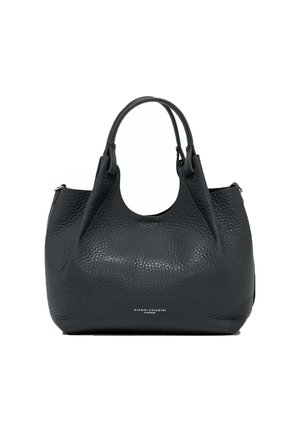Black leather handbag with a textured finish, rounded shape, dual handles, and no visible hardware. Brand logo located at the front.