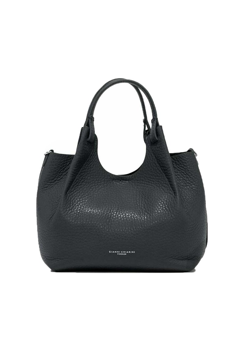 Borsa in pelle nera con finitura testurizzata, forma arrotondata, doppi manici e senza hardware visibile. Logo del marchio situato sul davanti.