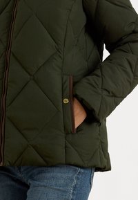 Zelená prešívaná puffer bunda s diagonálnym prešívaním, hnedými zipsovými akcentmi a bočnými vreckami. Mäkká textúra a izolovaný dizajn.
