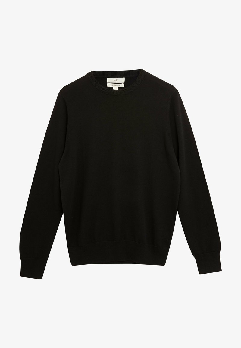 Pull noir à manches longues avec col rond, en pur coton fin, avec poignets et ourlet côtelés, de la marque M&S.