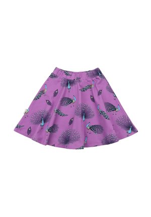 Purple skirt featuring a peacock and feather print, with an elastic waistband and flared silhouette. Made from soft, lightweight fabric.