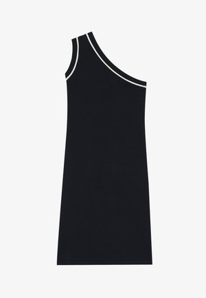 Abito nero asimmetrico con spallina singola, caratterizzato da un bordo bianco a contrasto lungo il collo. Texture liscia, forma aderente.