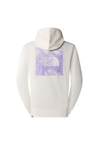 Sweat à capuche blanc avec capuche relevée, avec un motif lavande de montagnes, d’arbres et d’une rivière, avec le logo "THE NORTH FACE" dans le dos.