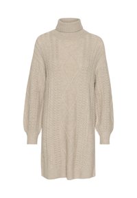 Robe pull beige en maille avec col roulé, manches longues bouffantes, motif en maille torsadée, et bords côtelés aux poignets et à l'ourlet.
