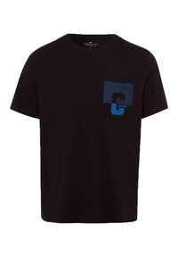 Czarna koszulka z bawełny, z niebieską kieszenią z graficznym wzorem 'C', okrągłym dekoltem i krótkimi rękawami. Prosty i casualowy design.