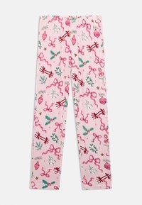 Ροζ κολάν με Χριστουγεννιάτικο σχέδιο που περιλαμβάνει ερείκια, ροζ κορδέλες, κόκκινες και λευκές σφαίρες, γκι και ροζ μπάλες.