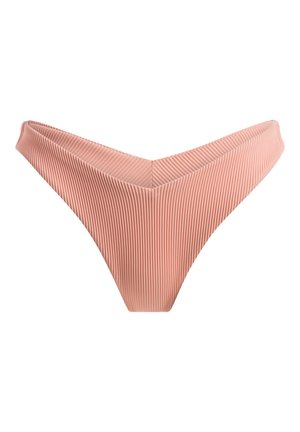 Bikini hlačke z rebrasto strukturo v mehki rožnati barvi, z obliko črke V spredaj in visokimi stranicami za minimalno pokritost. Gladka tekstura izboljšuje udobje.