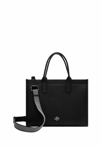 Borsa a tracolla in pelle nera con due manici superiori, una tracolla staccabile con motivo a Chevron e un logo. Forma rettangolare con superficie texturizzata.