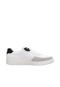 White sneaker with leather and suede materials. Features black accents, round toe, flat sole, and traditional lace-up design.