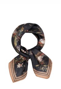 Seidenschal mit schwarzem Hintergrund und bunten Blumen- und Tiermotiven. Die Kanten haben einen beige-farbenen Rahmen mit dunklen Streifenakzenten.