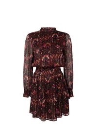 Vestido oscuro de estampado con mangas largas de tul, cintura fruncida y falda acampanada. Los colores incluyen burdeos, rosa y marrón. Tejido texturizado.