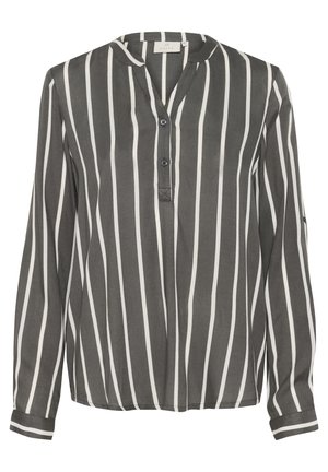 Gestreifte Langarmbluse in Grau und Weiß mit kleinem Kragen, Knopfleiste und weichem Stoff mit glatter Textur.