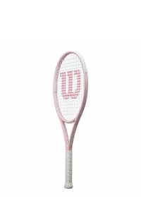 Pink tennis racket with a wide oval head, patterned white grip, and red logo on the strings. Lightweight design suitable for various skill levels.