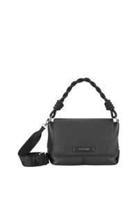 Borsa a tracolla in pelle nera con finitura testurizzata, manico intrecciato e tracolla regolabile con logo. Chiusura a pattina magnetica. Design minimalista.