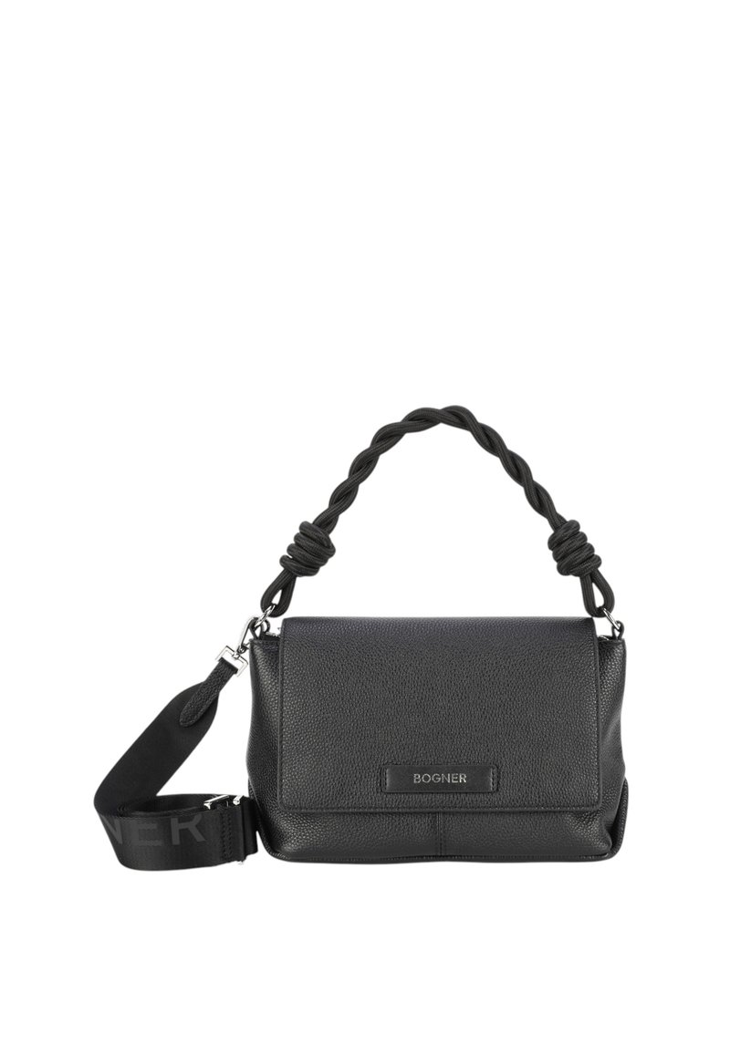 Borsa a tracolla in pelle nera con finitura testurizzata, manico intrecciato e tracolla regolabile con logo. Chiusura a pattina magnetica. Design minimalista.