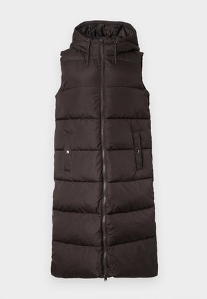Επενδεδυμένο, αμάνικο γιλέκο σε σκούρο καφέ χρώμα, με μπροστινό φερμουάρ, δύο πλαϊνές τσέπες και κουκούλα με κορδόνια.