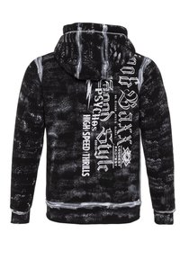 Schwarzer und grauer Kapuzenpullover mit abstraktem Muster, weißem grafischen Text auf dem Rücken, langen Ärmeln sowie geripptem Saum und Bündchen.