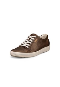 Brown metallic sneaker with white laces, rounded toe, low-profile sole, and textured finish. Side features a small brand logo.