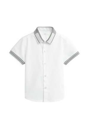Kortærmet hvid skjorte med knapper, med grå-stribet krave og ærmekanter, designet til børn.