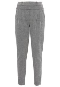 Pantalons à motif pied-de-poule gris avec une coupe fuselée, devant plissé et texture lisse. Dotés d'une taille ajustée et d'une coupe longueur cheville.